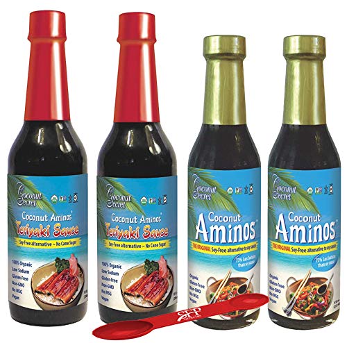 Coconut Aminos Variety Pack by Coconut Secret: (2) Coconut Aminos Soy Free Sauce, 8 Oz. (2) Gluten Free Teriyaki Sauce, 10 Oz., Great for Chicken Marinade, Stir-fry and Asian Food. [4 Count]