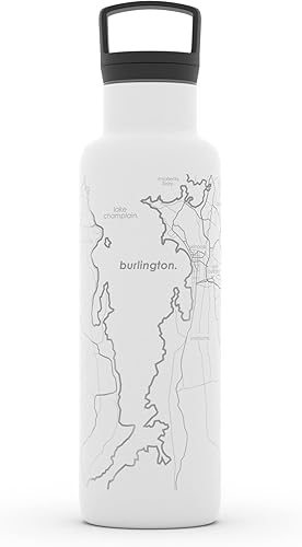 Well Told Botella de agua grabada Burlington Vermont Map con aislamiento, botella de acero inoxidable grabada (21 onzas, blanco) botella aislada de