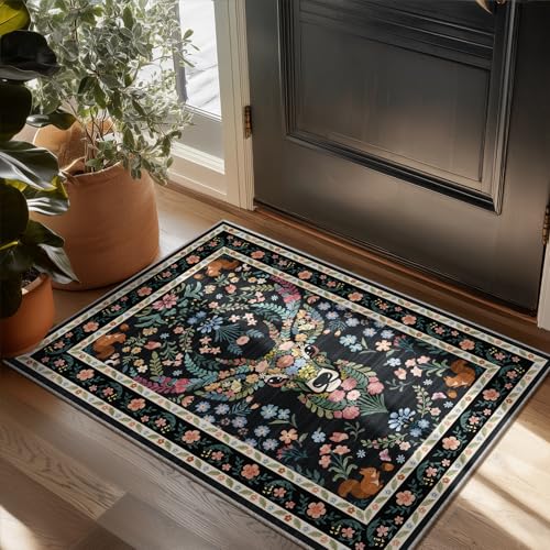 Image of Non-Slip Washable Entry Rug Vintage Floral Deer Pattern 2x3 - Bohemian Forest Animal Carpet with Squirrel & Butterfly, Soft Decorative Area Rug for Living Room Bedroom Home Decor