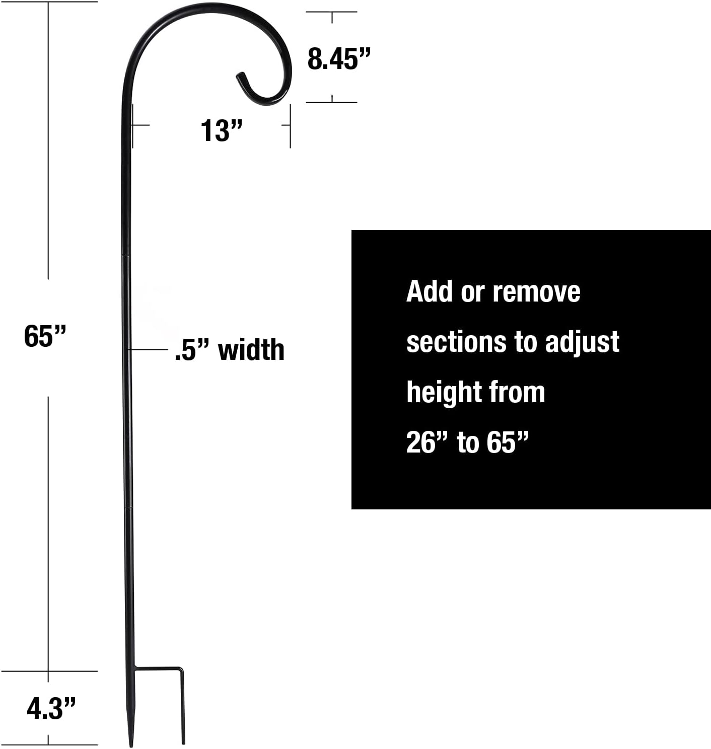 GSM Brands Shepherds Hook 65 Inch, Black, Adjustable Design.5 Thick Yard Decor for Hanging Up to 20 lbs.