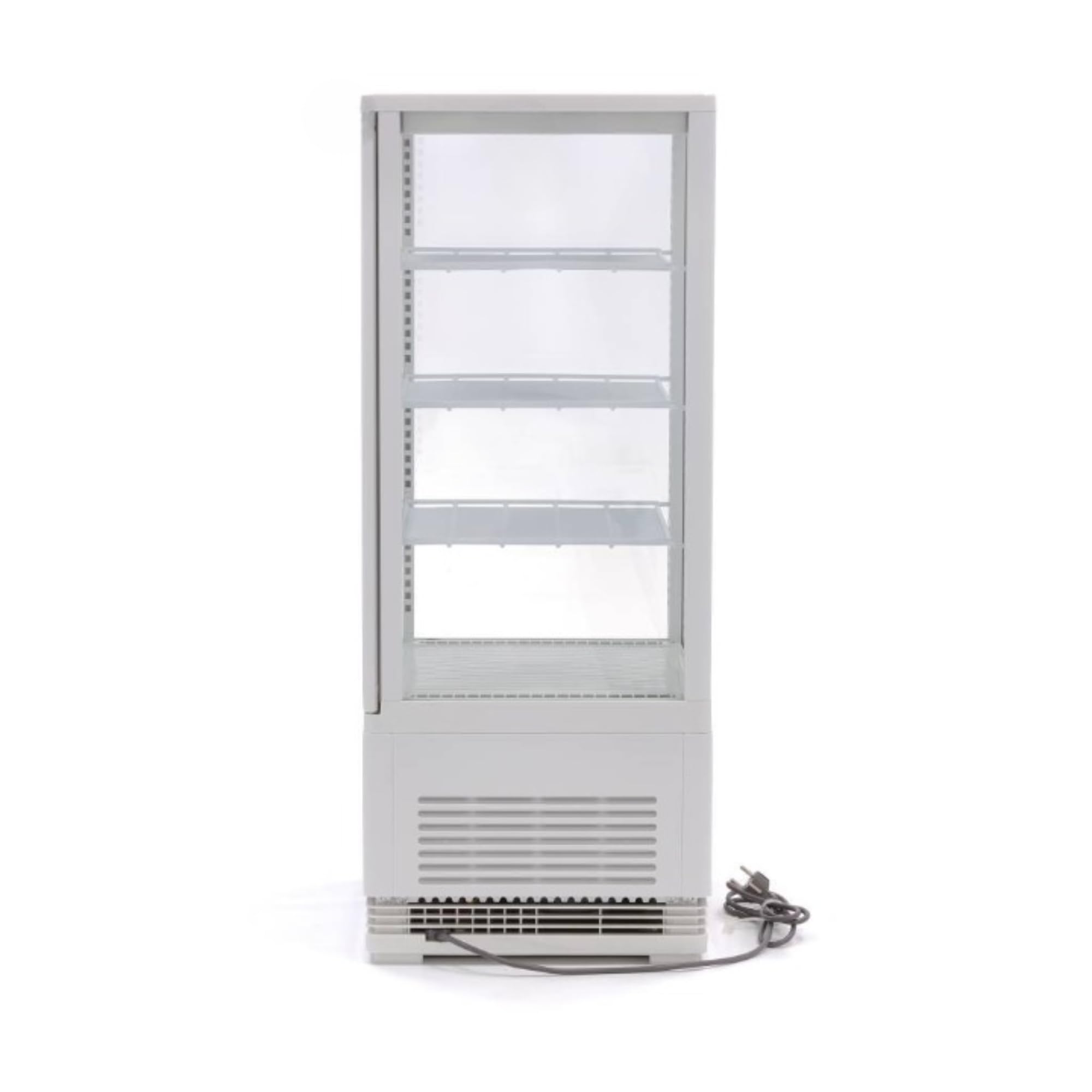 Vitrina refrigerada panorámica blanca 78L – 4 caras acristaladas – Frío ventilado – Iluminación LED – Temperatura 0 a 12°C – Compacta y moderna