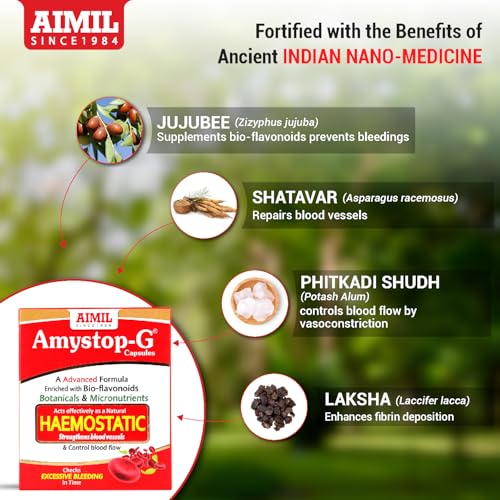 Image of AIMIL Amystop-G Capsules - 20 Capsules (Pack of 3) | Natural Haemostatic | Strengthens Blood Vessels & Checks Excessive Bleeding Naturally