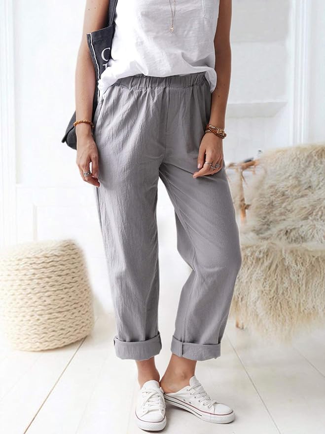 Women's Summer Straight Pants Loose Elastic Waist Casual Trousers Pants with Pockets3