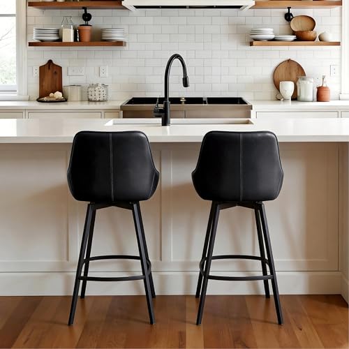 Image of Zesthouse Swivel Counter Height Stools Set of 2, Modern Upholstered Barstools with Backs, 26'' Faux Leather High Chairs for Island Kitchen, Counter Height Chairs with Metal Legs, Black