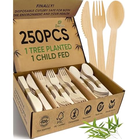 EcoPreps 100% Compostable Bamboo Cutlery Set (250 PCS - 125 Forks, 75 Spoons, 50 Knives) Eco-Friendly, Natural, Biodegradable Disposable Utensils Set | Bamboo Disposable Forks, Knives, and Spoons Set Cover