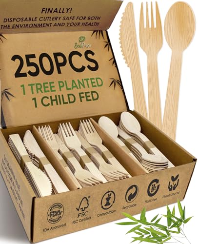 EcoPreps 100% Compostable Bamboo Cutlery Set (250 PCS - 125 Forks, 75 Spoons, 50 Knives) Eco-Friendly, Natural, Biodegradable Disposable Utensils Set | Bamboo Disposable Forks, Knives, and Spoons Set