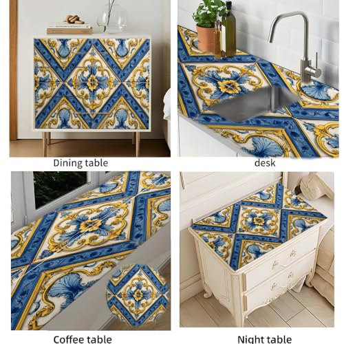Image of Vintage Blue Yellow Tile Pattern Desk Sticker, Mediterranean Floral Desktop Decor, Waterproof Table Surface Protector for Home Office, 39.37x23.62 Inch