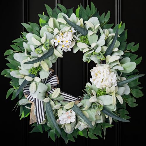 Lamb’s Ear Wreaths for Front Door Window Porch, 20-22' Spring Summer Greenery Wreath for Indoor Outdoor Farmhouse, Artificial Year-Round Hmoe Decor with Bow Hydrangea