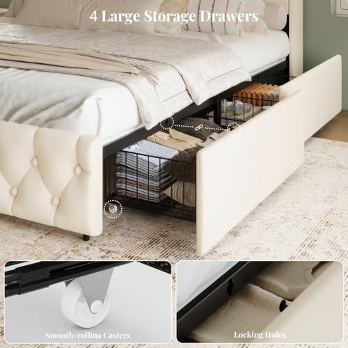 Uteeran King Size Bed Frame and Headboard & 4 Storage Drawers, Upholstered Platform Bed Frame with RGB LED Lights & Charging Station, No Box Spring Needed, Easy Assembly, Noise-Free, Beige — view 4