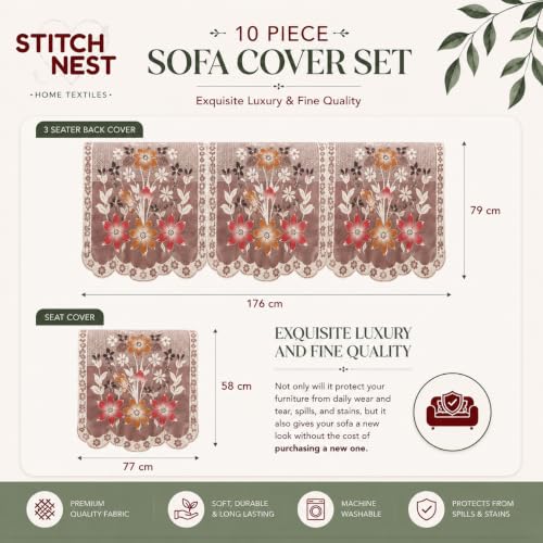 Image of STITCHNEST Gulnaar Beige 10 Piece Cotton Net Sofa Slip Cover |5 Seater