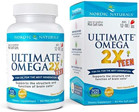 Nordic Naturals Ultimate Omega 2X Teen, Strawberry - 60 Mini Soft Gels - 1120 mg Total Omega-3s with EPA & DHA - Brain Health, Positive Mood, Social Development, Learning - Non-GMO - 30 Servings