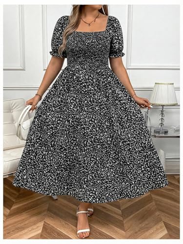 Image of Verdusa Women's Plus Size Boho Floral Long Dress Square Neck Shirred Flowy Wedding Guest Dresses