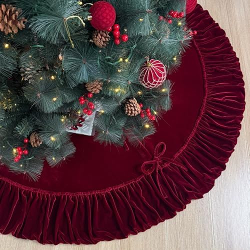 60-Inch Ruffled Velvet Christmas Tree Skirt with Foam Padding, Ny...