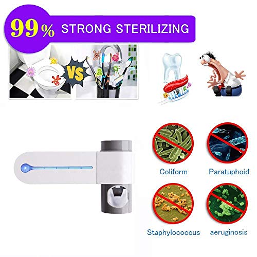 Image of JERN Plastic UV Toothbrush Holder Toothpaste Dispenser Wall Mounted Toothbrush Holder & Automatic Toothpaste Holder with 5 uv Toothbrush sanitizer Holder UV Toothbrush Cleaner Pump,White