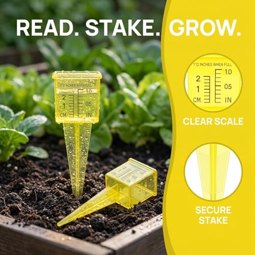 Image of Housoutil 2Pcs Rain Gauge Sprinkler Outdoor, 1.5 Inch Lawn Water Gauge, Measuring Tool for Accurate Rainfall Monitoring, Yellow Precision Measuring Cups for Garden Yard and Grass Watering