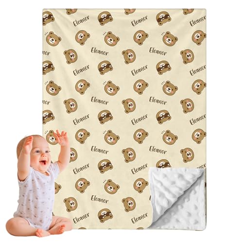 Custom Name Baby Double Layer Blanket - Customized Bear Print Toddler Bedding Blanket Personalized for Baby Boys Girls and Kids