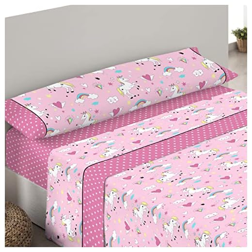 ADP Home - Juego de sábanas Estampadas 144 Hilos en polialgodón - Sábana Bajera, sábana encimera y Funda de Almohada Modelo Unicornios Infantil, Niños (Rosa, Cama de 90 CM)
