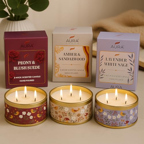 Image of AuraDecor 3-Wick Scented Tin Candle | Premium Gift Set | Hand Poured Soy Blend | Long Lasting | Home Fragrance | Relaxation & Decor (All 3)