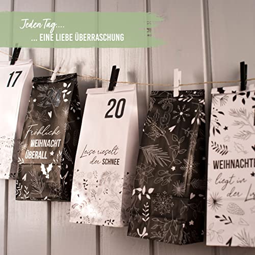 Papierdrachen Advent Calendar for Filling, 24 Black and White Gift Bags and 24 Number Stickers and Clips - Image 3