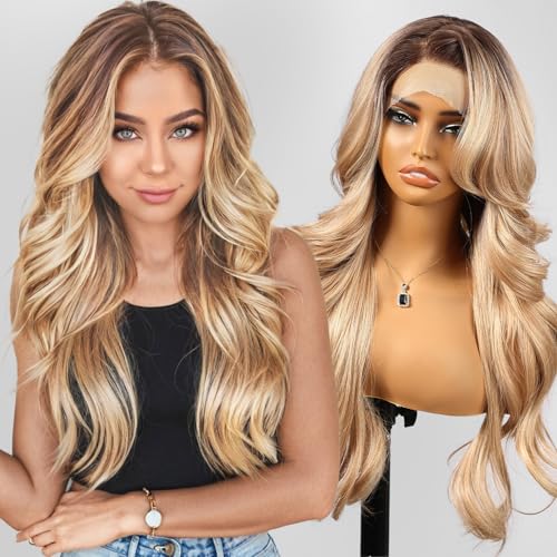 KOME Dirty Blonde Synthetic Lace Front Wig,13x4 HD Lace Layered Wave Glueless Wigs for Women Daily Use 26IN