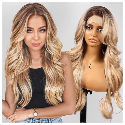 KOME Dirty Blonde Synthetic Lace Front Wig,13x4 HD Lace Layered Wave Glueless Wigs for Women Daily Use 26IN