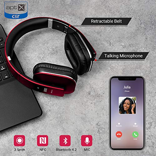 Image of Over Ear Bluetooth Wireless Headphones - August EP650 with Android /iOS App for Custom Sound Control - Enjoy Bass Rich Sound and Optimum Comfort - Bluetooth v4.2, NFC and aptX LL Low Latency - [Red]