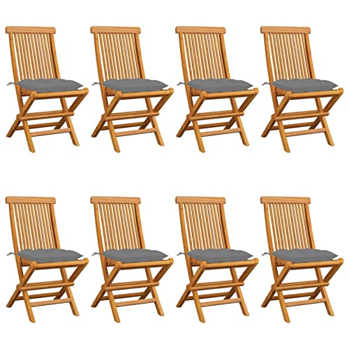 Cinyiqo Sillas de jardín 8 uds, Sillas Terraza Exterior, Silla Playa Jardin, Sillas Exterior Jardin, Sillas Balcon, Muebles Jardin Exterior Conjunto, Madera Maciza de Teca con Cojines Grises