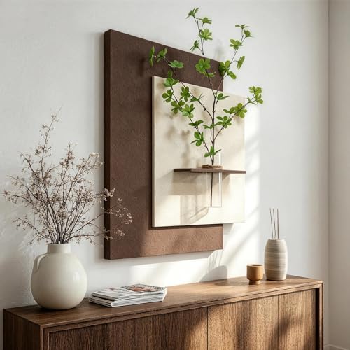 3D Textured Neutral Wall Art with Vase and Shelf Beige and Brown Sandstone Abstract Artwork for Walls Boho Minimalist Plant Botanical Wall Decor for Living Room Hallway Dining Room 22x28 In