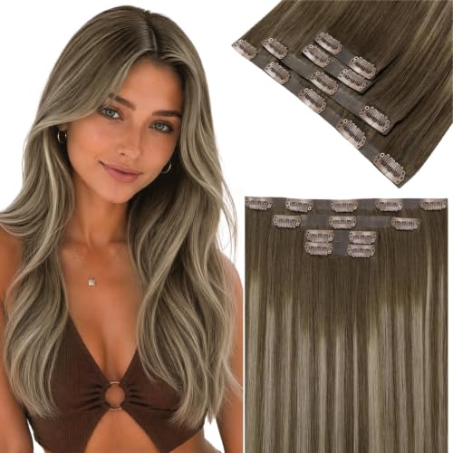 Image of LaaVoo Seamless Clip in Hair Extensions Balayage Seamless Hair Extensions Clip in Light Brown Balayage Golden Brown Invisible Clip on Hair Extension Straight 22 Inch 4pcs 80g