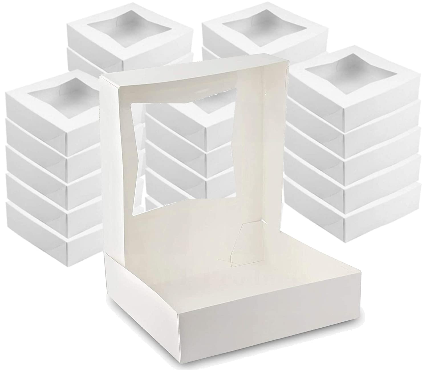 Bejky Bakery Box 10x10x2,5 Inches - You get the Box in 25-Pack - It is an Auto Popup Box - White Thick and Sturdy 350g SBS - With a PVC Window - You will Get a Box in a Great Quality, a Box for Pie, Cheesecake, Cookies, Cake, Dessert and all kind of Pastry