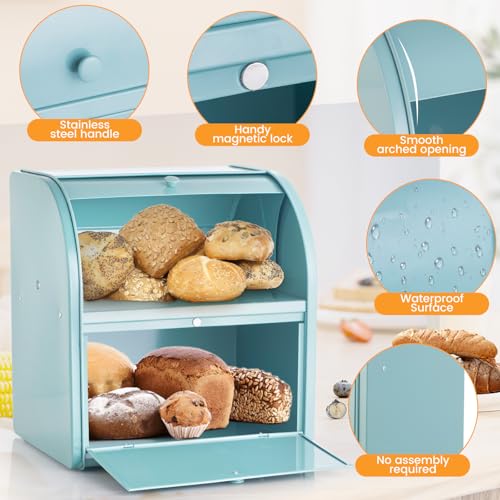 Esilihom Bread Bin, Bread Bins for Kitchen, 2-Layer | Large | Roll Top | 30 x 24.5 x 32.5cm, Green - Cosy Home Interiors Esilihom Bread Bin, Bread Bins for Kitchen, 2-Layer | Large | Roll Top | 30 x 24.5 x 32.5cm, Green - Image 3