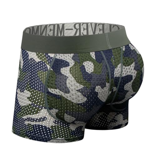 Men's Padded Mesh Camouflage Butt Lifting Boxers, Back Hip Padded Underwear