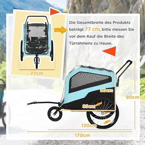 PawHut 2-in-1 Hundeanhänger, Fahrradanhänger für Hunde, Hundewagen mit Reflektoren, Hundebuggy max. 30 kg, Hundefahrradanhänger für Große Hunde, Oxford-Gewebe, Blau