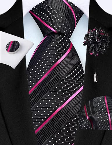 Image of GUSLESON 3.15 inch(8cm) Mens Stripe Tie and Lapel Pin Necktie Hankerchief Cufflinks Set for Men