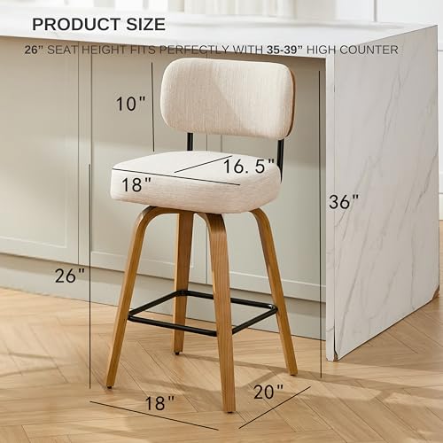 Image of Swivel Bar Stools Set of 2, 26 inch Upholstered Counter Height Bar Stools with Back and Oak Wood Legs, Linen Fabric Upholstered Barstools for Kitchen Counter, Linen Beige
