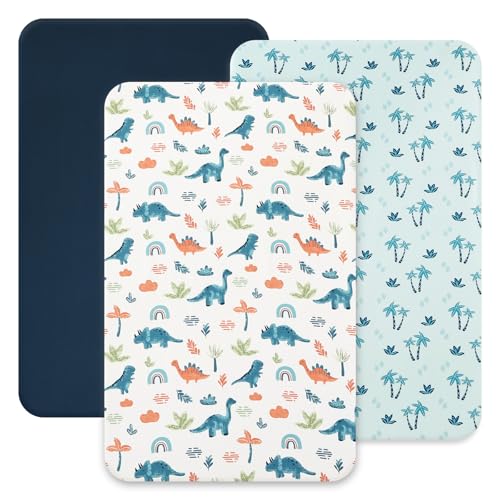 Image of david's kids 3 Pack Mini Crib Sheets, Soft Breathable Premium Pack N Play Sheets for Baby Boys Girls Neutral, Playard and Mini Crib Mattresses, Dinosaur Blue