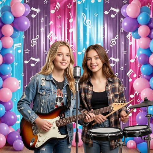 Image of TONIFUL 2Pcs Blue Purple Pink Music Note Metallic Foil Fringe Curtains