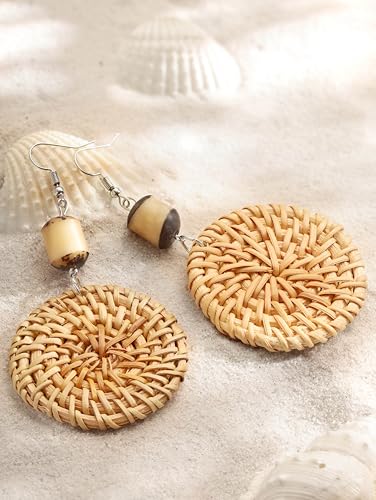 Image of MINACHI Boho Chic Handmade Rattan Wood Dangle Drop Earrings for Women, Bohemian Summer Beach Statement Jewelry Gift for Women