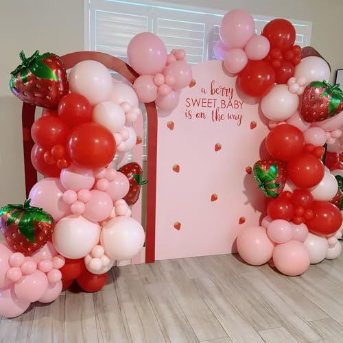 Image of Strawberry Balloons Garland Arch Kit 163pcs with 27 inch Strawberry Foil Balloons, Red and Pink white Balloons for Sweet Girl Berry First Birthday Themed Baby Shower Strawberry Party Decorations