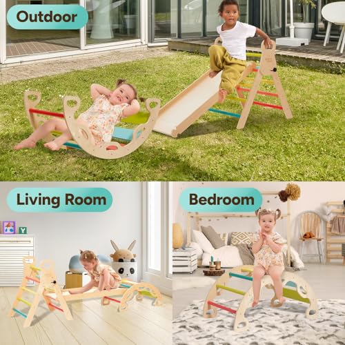 Giant bean Wooden Toddler Indoor Climbing Frame, Foldable 5 in 1 Baby Montessori Climbing Toys Set with Handle, Pikler Triangle Set with Sliding Ramp and Arch, Jungle Gym for Kids 1-3, Rainbow - Image 5