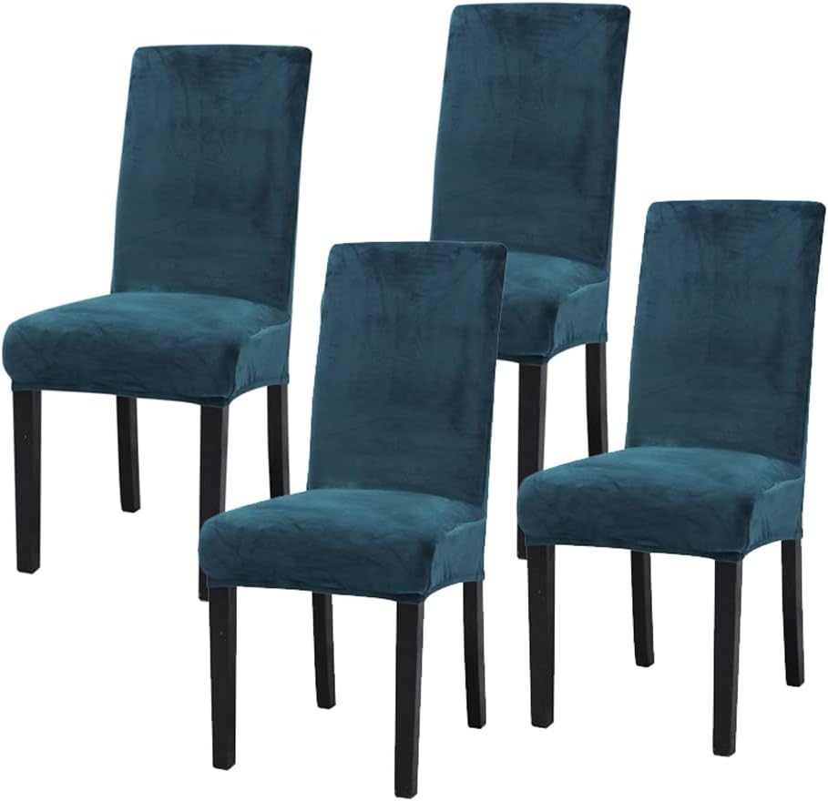 Chickwin Chair Covers for Dining Chair 2/4/6PCS, Solid color Universal High Back Stretch Velvet Chair Cover for Party Room Spandex Removable Washable Chair Cover Slipcovers (4 PCS,blue-green)