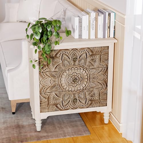 Image of SUNBURY Vintage Wooden Nightstand with 3 Drawers, Wood Accent Table, Elegant Bedside Table Dresser for Bedroom, Living Room (Lotus)