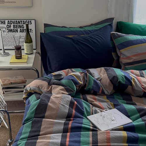 Image of mixinni Vintage Striped Duvet Cover Full 100% Washed Cotton Bedding Set Retro Mid Century Modern Striped Duvet Cover with Zipper Closure Corner Ties for Kids Teens Dorm
