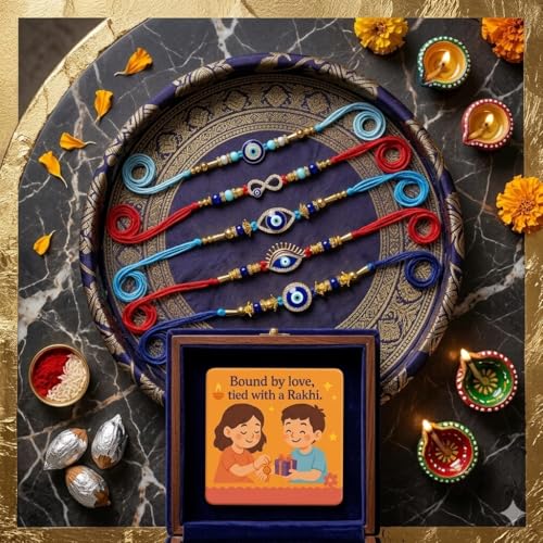 Image of SAUDEEP INDIA Decorative Fridge Magnet for Refrigerator Decor | Free Pack of 5 Evil Eye Rakhi for Brother | Raksha Bandhan Gift Combo | Cotton Thread Bhaiya Rakhis Festive Gift Home Decor