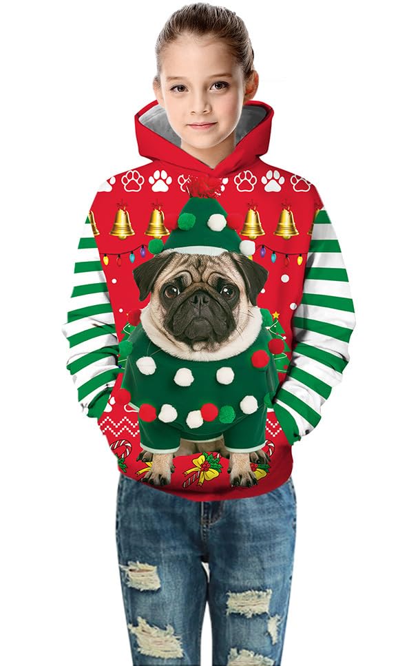 Ainuno Christmas Hoodie for Boys Girls Kids Funny Holiday Hooded Sweatshirt,4-15 Year Old4
