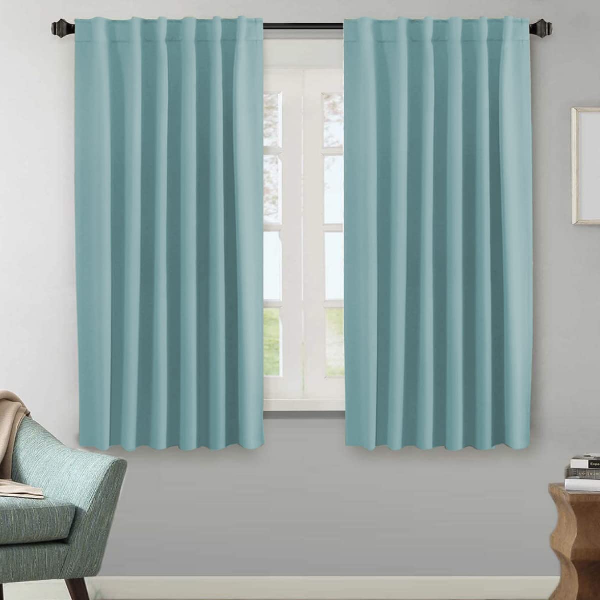 h.versailtex blackout curtains thermal insulated window treatment panels room darkening blackout drapes for living room back tab/rod pocket bedroom draperies (2 panels, mineral blue, 52 x 63 inch)