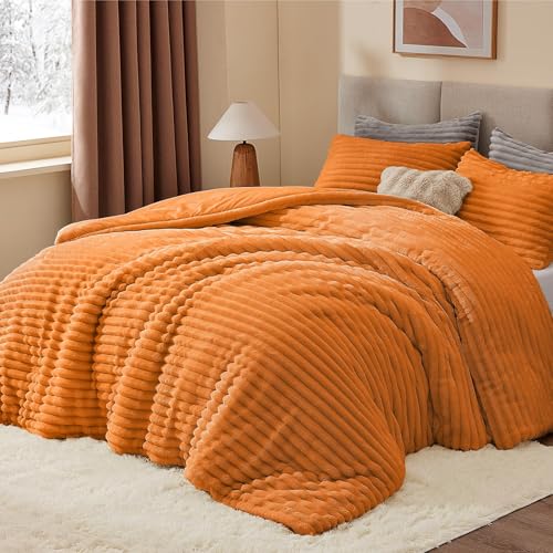 BEDELITE Fleece Full Comforter Set -Super Soft & Warm Fluffy Burnt Orange Bedding, Luxury Fuzzy Heavy Bed Set for Winter with 2 Pillow Cases