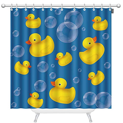 Image of HOSNYE Rubber Duck Shower Curtain 60x72 Inch Soap Bubble on Blue Polyester Stall Curtains with Hooks for Bathroom Showers