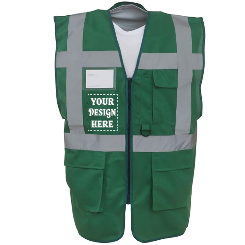 D&T Personalised Hi-Vis Reflective Vest with Zipper and Pockets – High Visibility Safety Waistcoat – Unisex Polyester Workwear (UK, Alpha, L, Regular, Regular, Paramedic Green)
