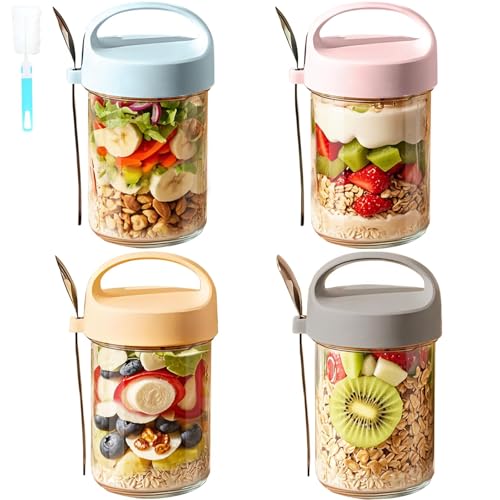Vasos con tapa 48 4 Pcs Recipientes de Avena de 400 Ml, con Tapa HerméTica y Cuchara Cepillo y Cabezal de Cepillo, Vasos para Avena, Frascos de Vidrio con Tapa(amarillo, rosa, verde y gris)